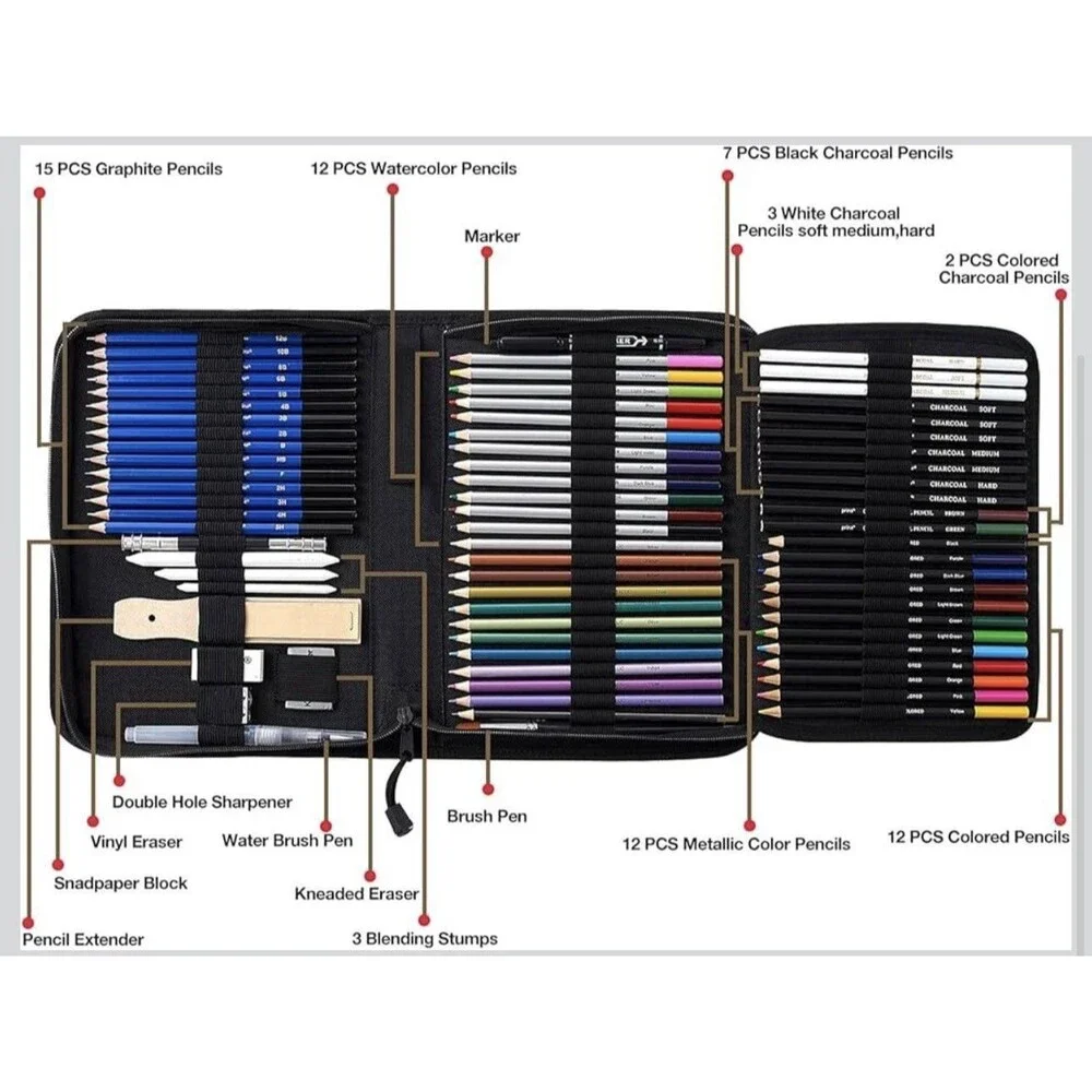 76 Pack Drawing Set Sketching Kit, Pro Art Supplies with 3-Color Sketchbook, Inc